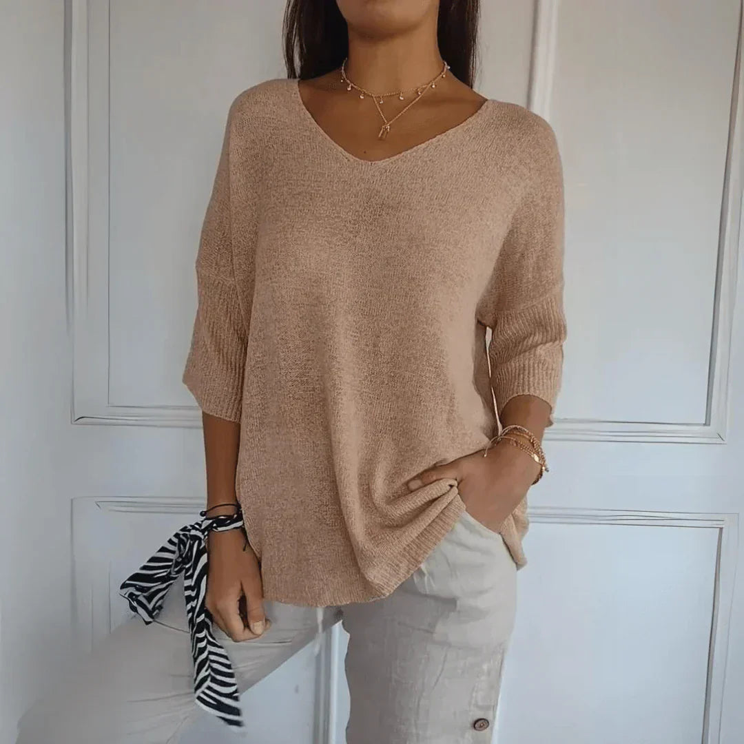 AZURE | Relaxed V-neck top with three-quarter sleeves