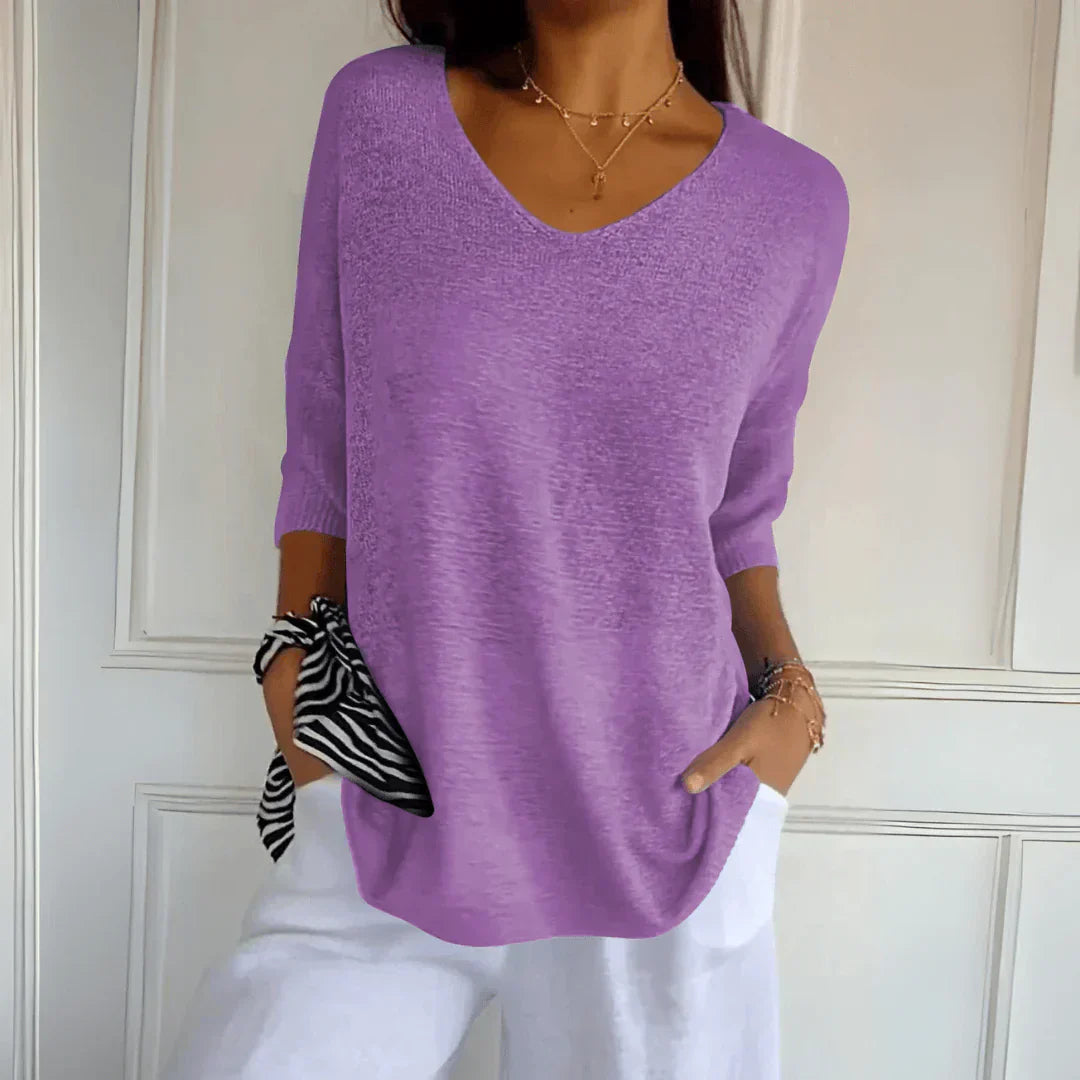AZURE | Relaxed V-neck top with three-quarter sleeves