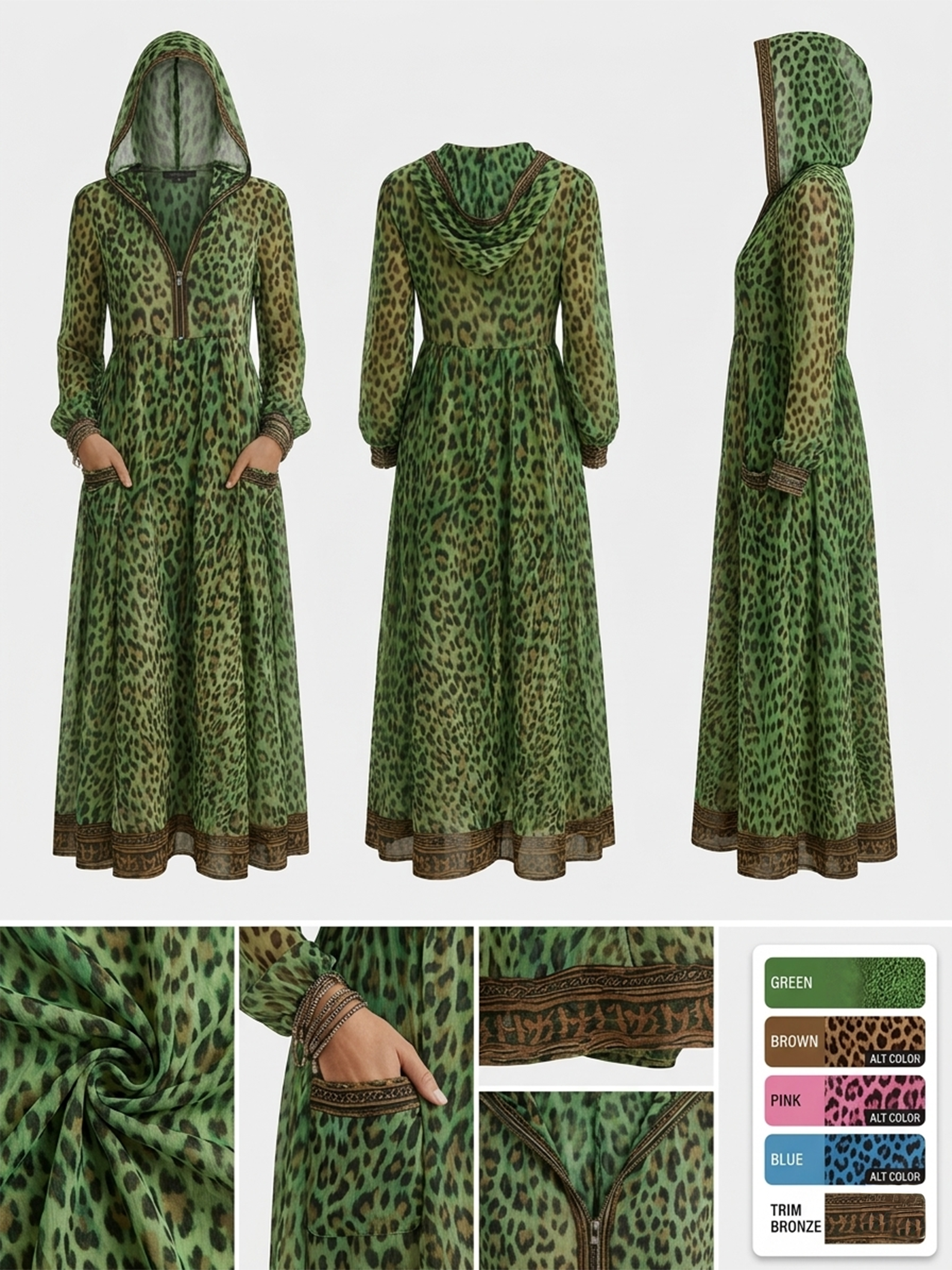 EDEN | Relaxed midi dress with leopard print hood