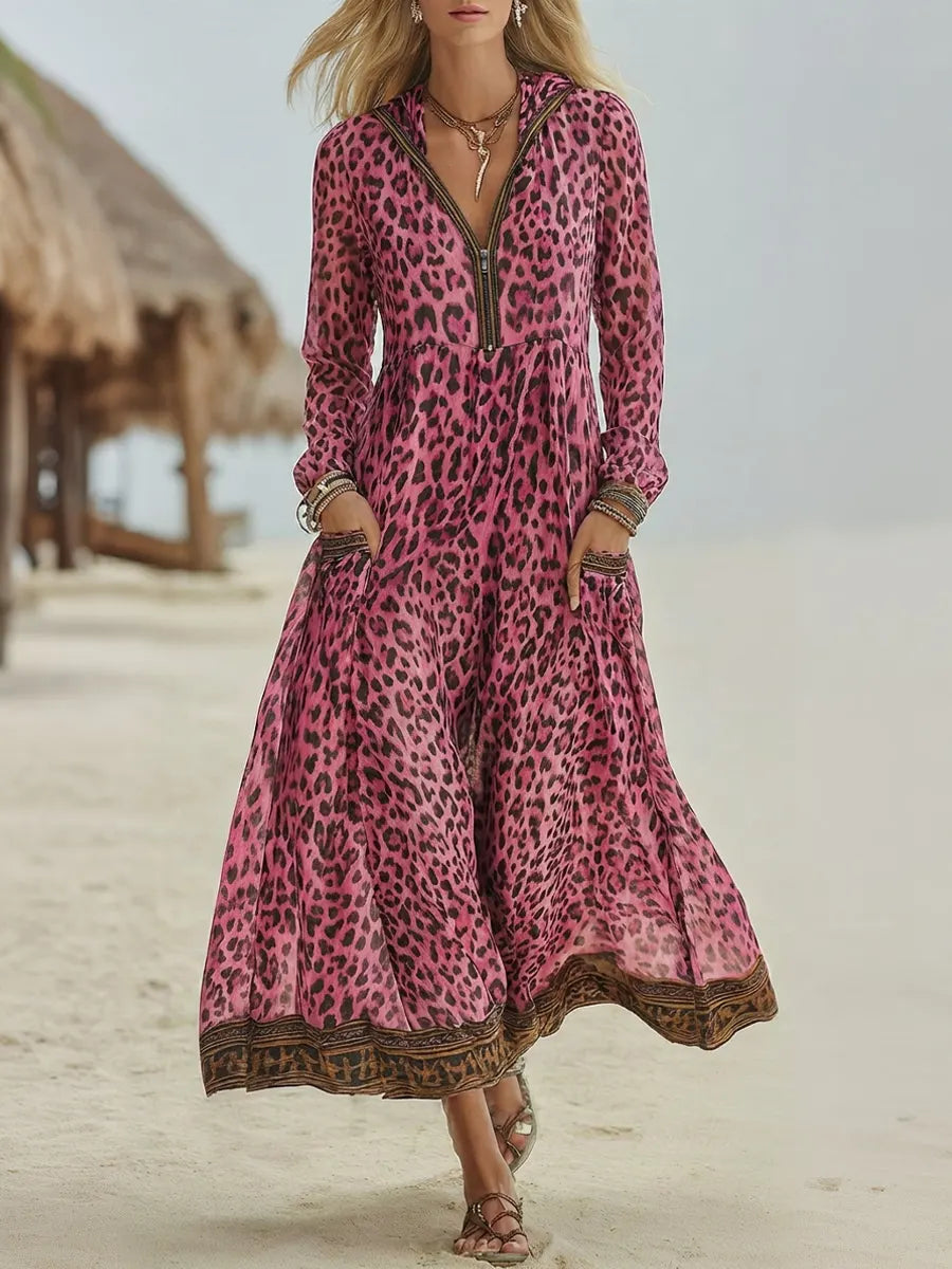 EDEN | Relaxed midi dress with leopard print hood