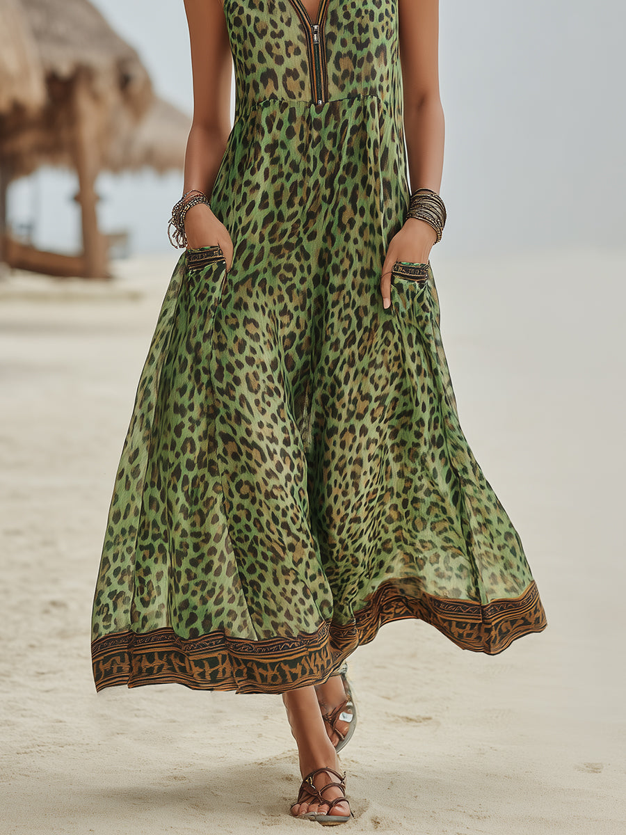 SUMMER | Sleeveless hooded midi dress with leopard print