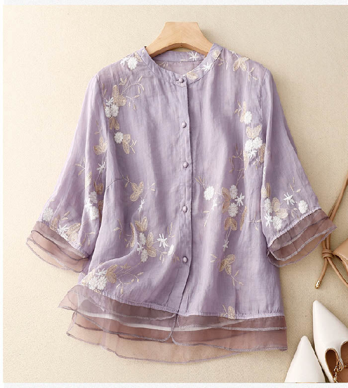 ALTHEA | Button-front blouse with floral embroidery