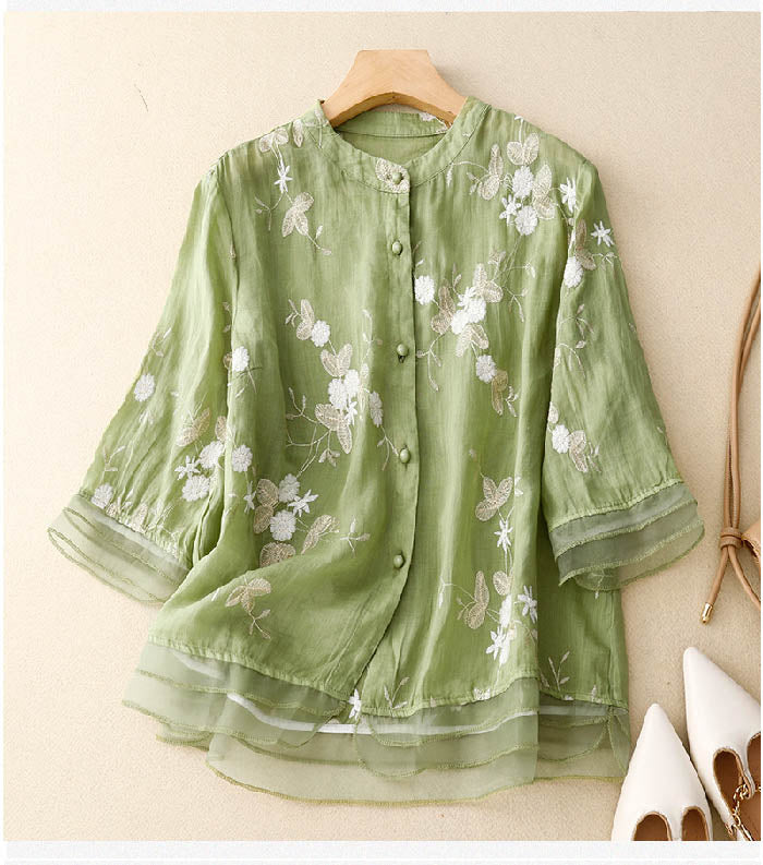 ALTHEA | Button-front blouse with floral embroidery
